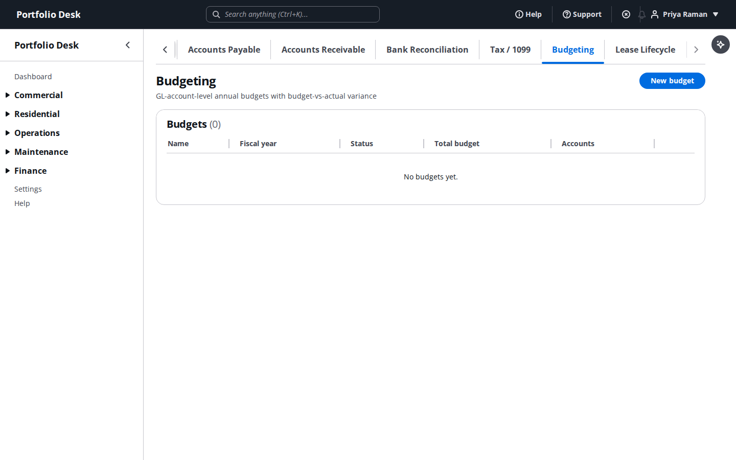 Budget vs actuals screen