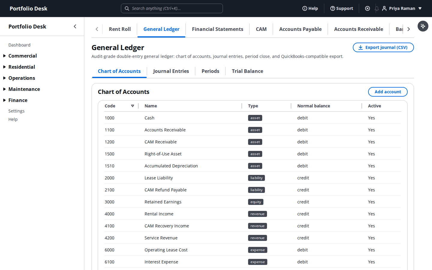 General ledger and journal entries screen