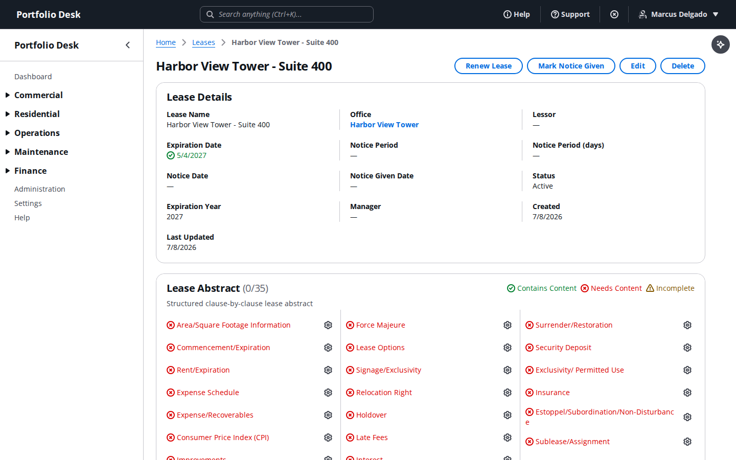 Lease detail page with key terms