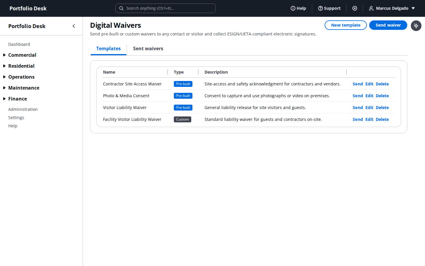 Digital waiver templates list