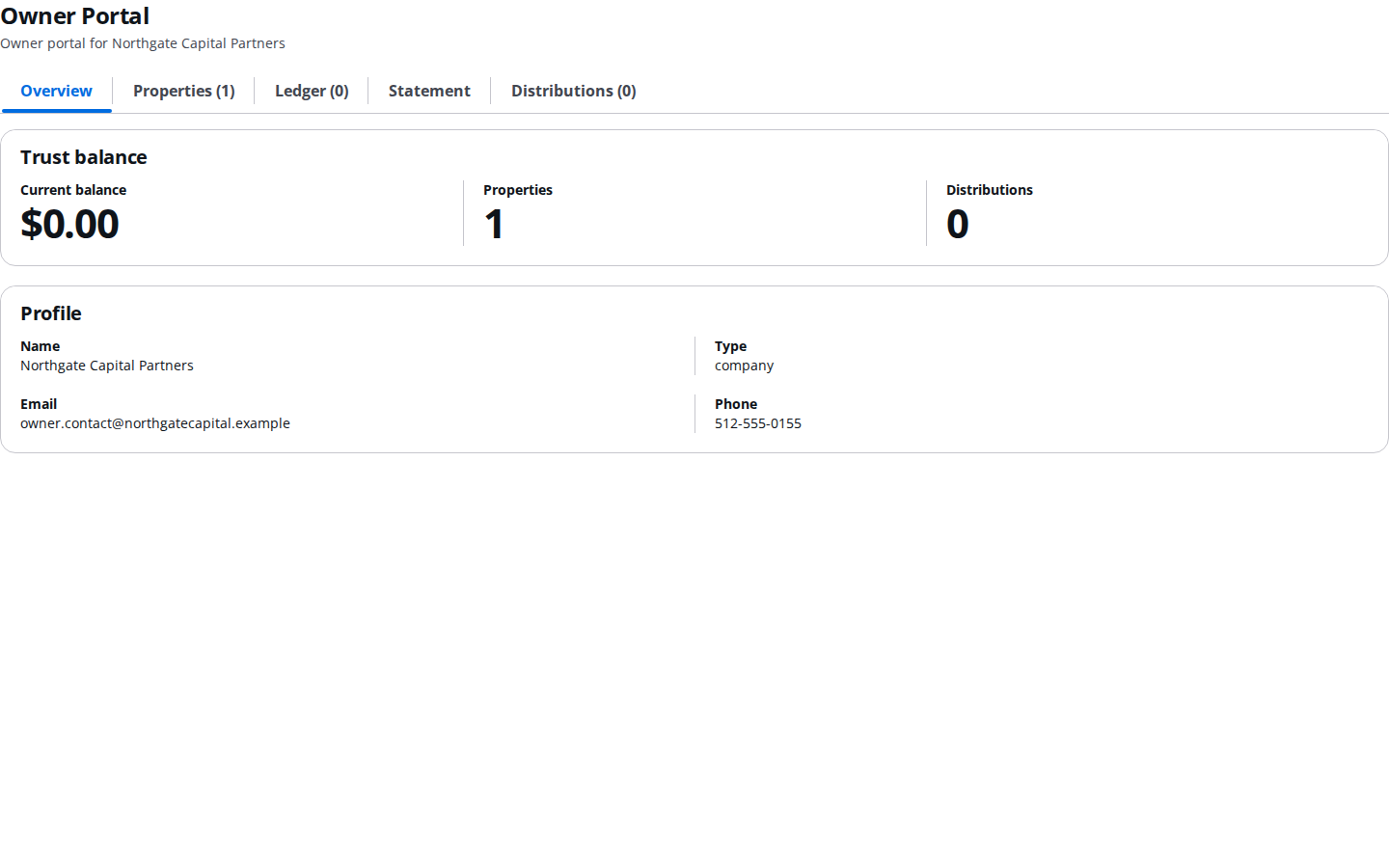 Owner portal home showing statements and distributions
