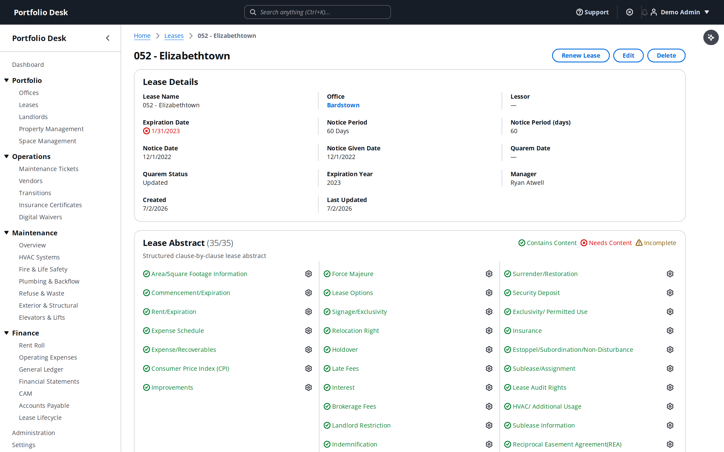 Lease detail page with a structured, clause-by-clause AI lease abstract